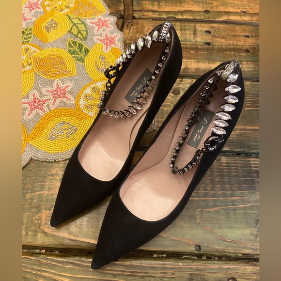 SJP By Sara Jessica Parker Lucid Suede Crystal Ankle Strap Heels - Picture 5 of 13
